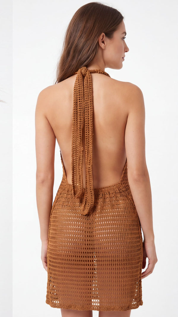 Saída Vestido Laço Curto S26 Crochete Joaquina Ferrugem