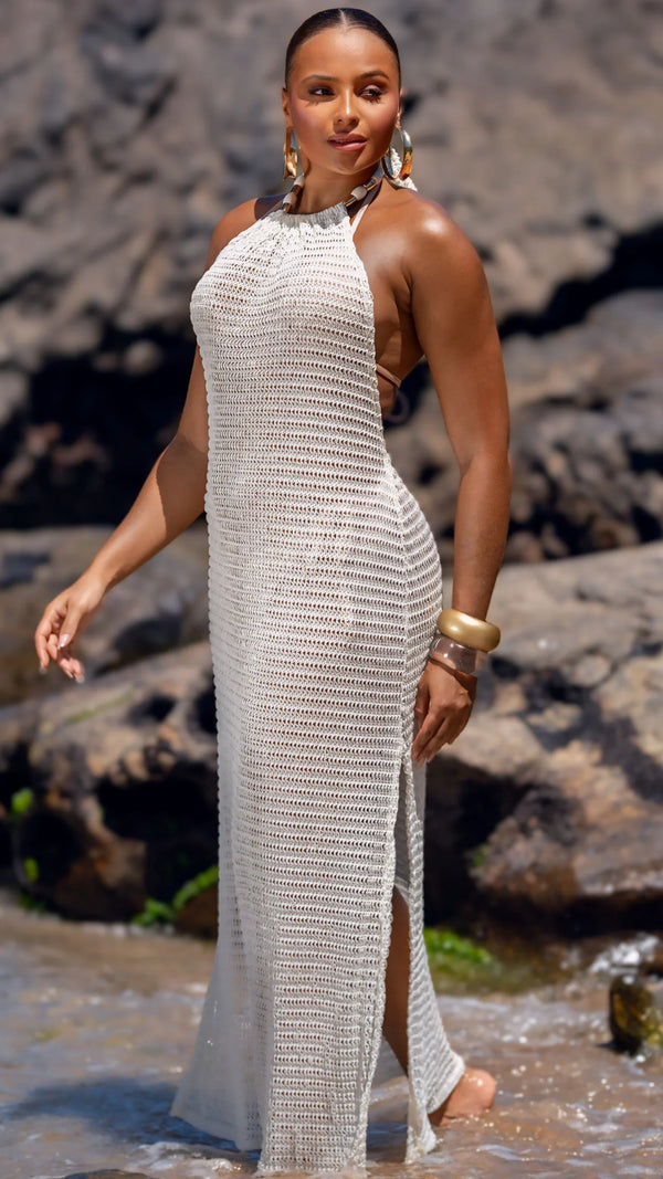 SAÍDA Vestido Longo Laço S26 Crochete Joaquina Off White